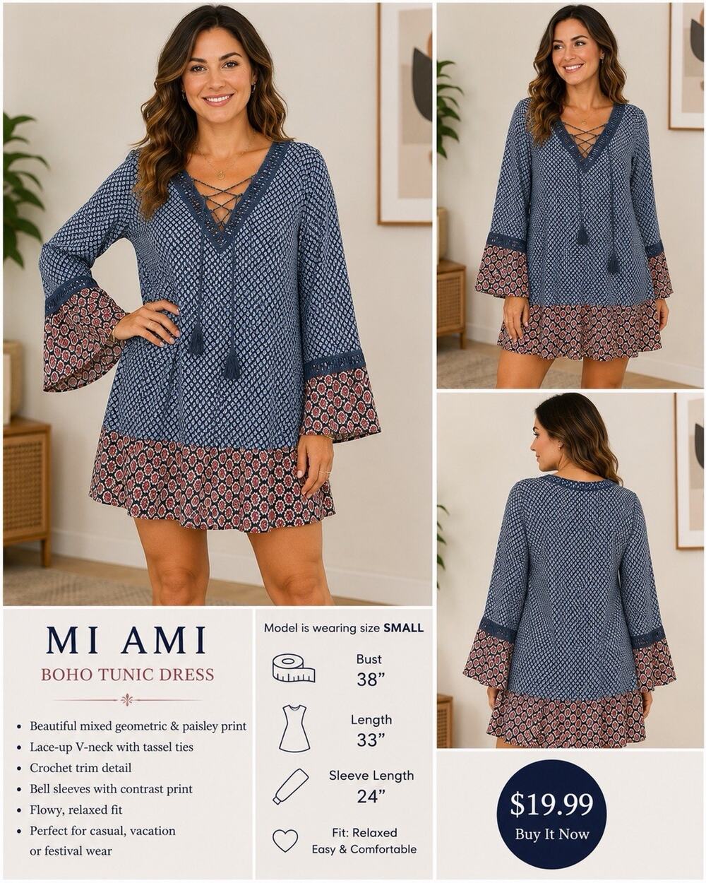 Mi Ami Women’s Small Boho Tunic Mini Dress Mixed Print Bell Sleeve Tassel Boho